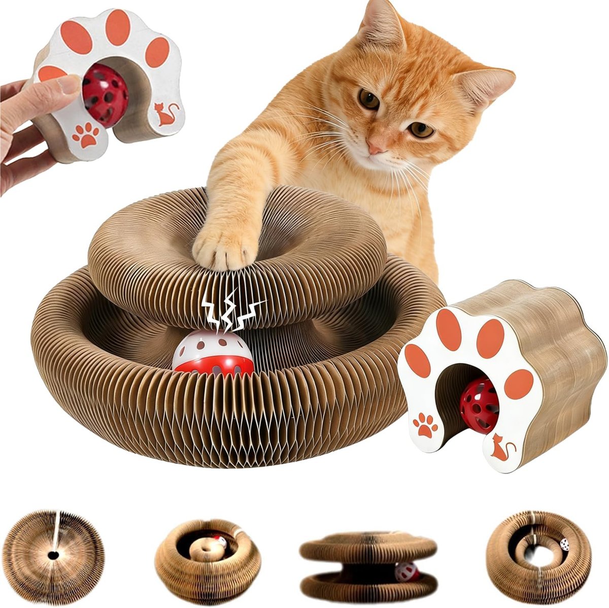 Kitten Curl Cat Toy, Magic Organ Cat Scratch Board, Foldable Cat Accordion Toy, Interactive Scratch Pad Cat Toy with Toy Bell Ball, Cat Scratchers for Physical Exercise Cats Indoor (1PC)