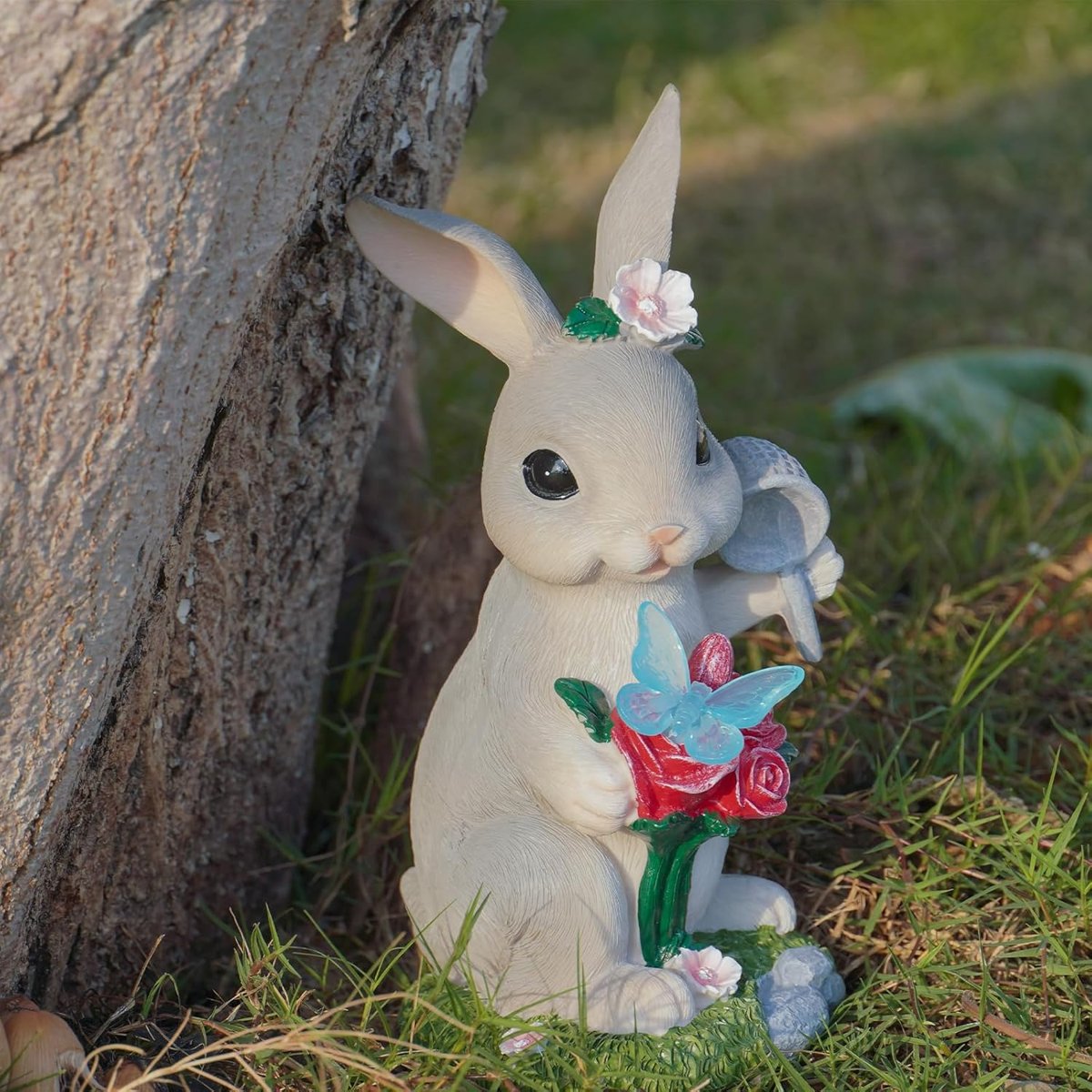 Garden Statues Rabbit with Solar Light,Bunny Outdoor Garden Decor Ornaments for Patio Yard Art,Birthday Gift Easter House Warming Garden for Women Mom,Resin Animal Figurine with Wider Base