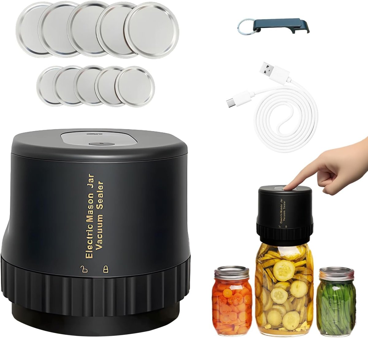 One-Touch Automatic Vacuum Food Sealer Machine for Cans Mason Jars Containers USB Rechargeable Portable Electric Air Sealer for Home Use & Food Preservation Your Kitchen's Best Friend