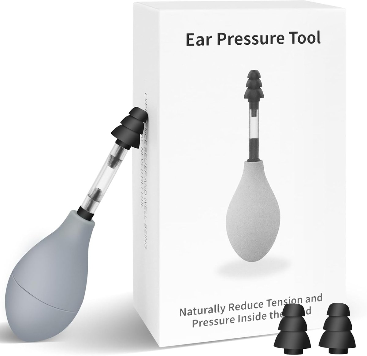 Ear Pressure Relief Device, Natural Migraine and Headache Relief Products, Targets Inner Ear Pressure, Comes with 3 Sizes of Earplugs – Great for Post-Flying Discomfort (Grey)