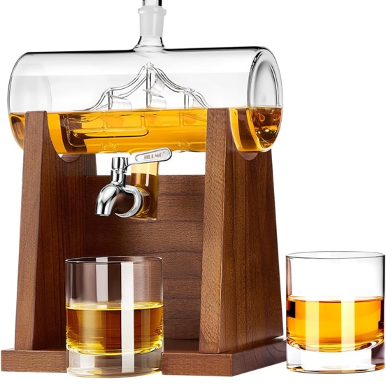 Ship Whiskey Decanter Set for Men, 1250ml Liquor Decanter Gift with Ship Inside, 2 Whiskey Glasses & Wooden Stand, Bourbon Scotch Decanter Gift for Dad Husband Home Bar